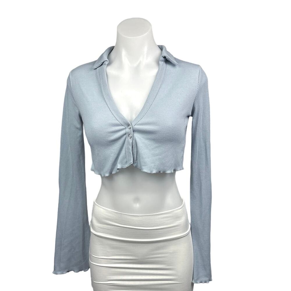 Adika Blue Ribbed Knit Snap Button Collared Long Sleeve Crop Top Shirt Blouse XS